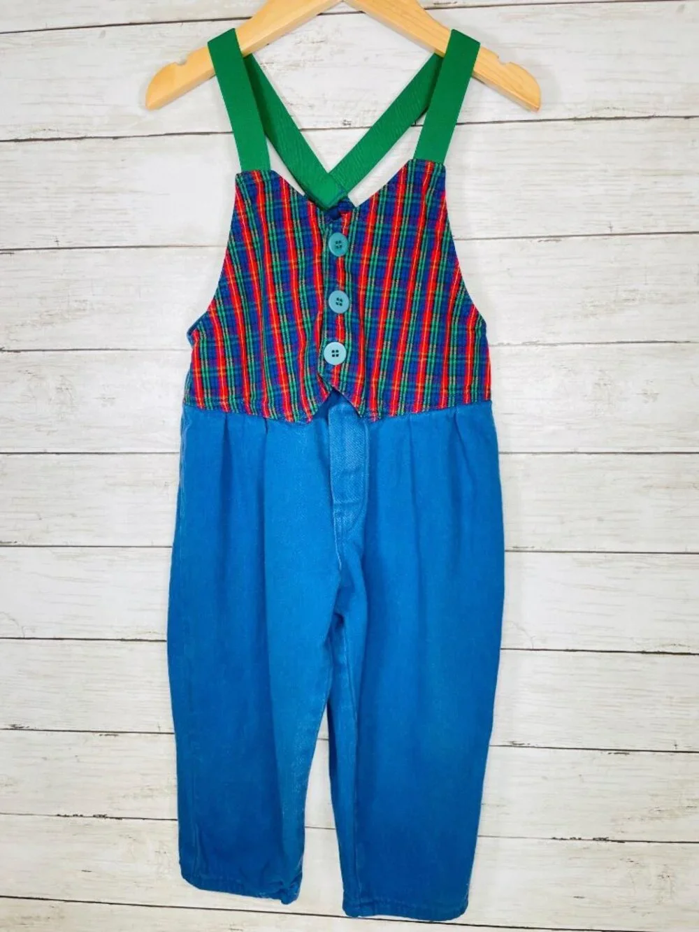 Vintage OshKosh Plaid Vest Elastic Suspender Overalls Romper Outfit 3T